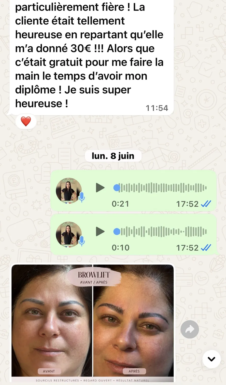 Avant/après browlift réalisé par une élève Mia Beauty