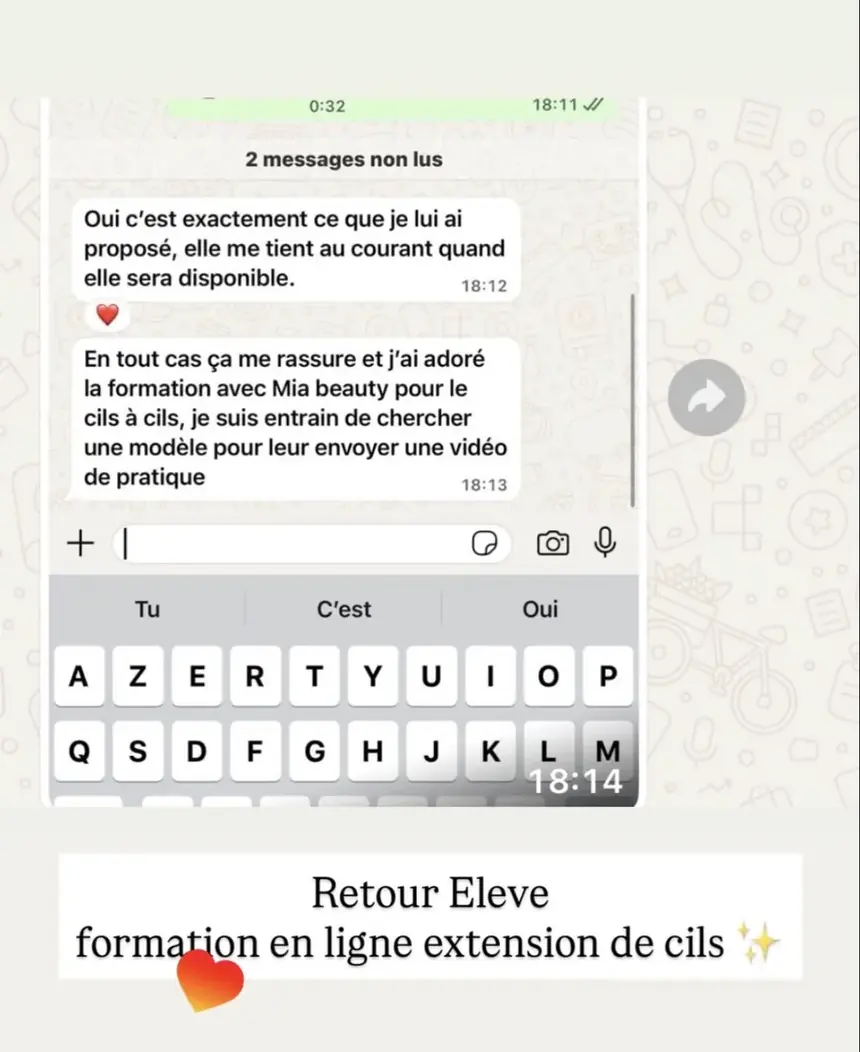 Message WhatsApp d’une élève à propos de sa formation cil à cil