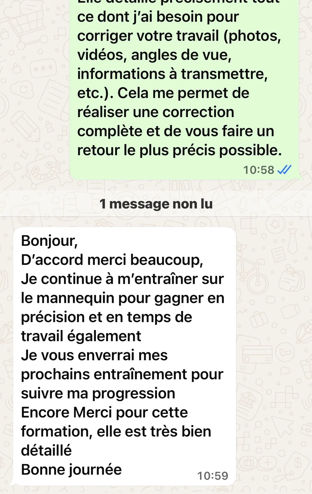 Message d’une élève qui continue de s’entraîner et remercie pour la formation